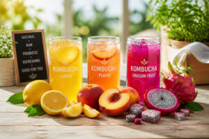 Trois kombuchas fruites aux couleurs vives