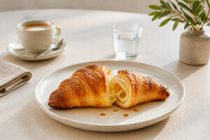 Croissant dore et feuillete sur assiette