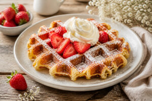 Gaufre belge doree aux fraises et creme fouettee