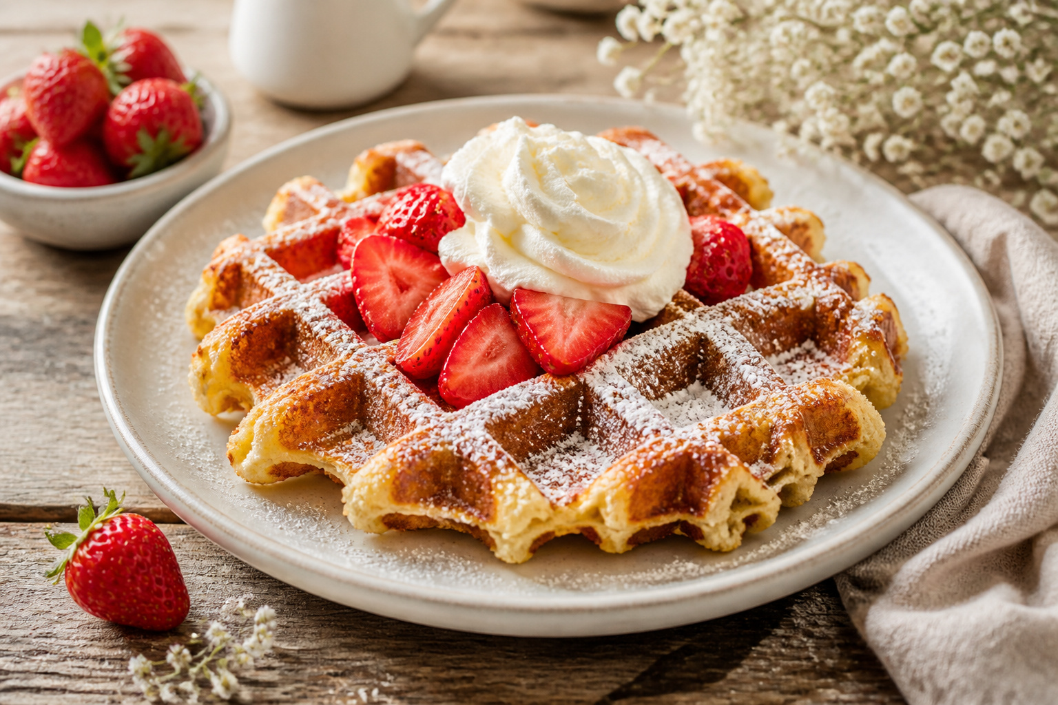 Gaufre belge doree aux fraises et creme fouettee