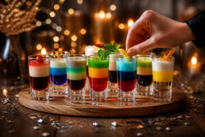 Cocktails colores en verres a shot