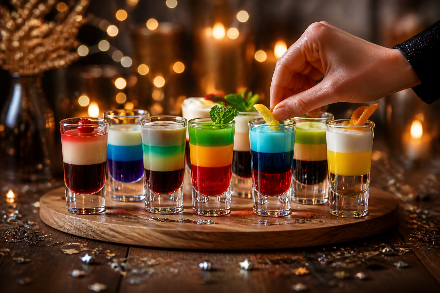 Cocktails colores en verres a shot