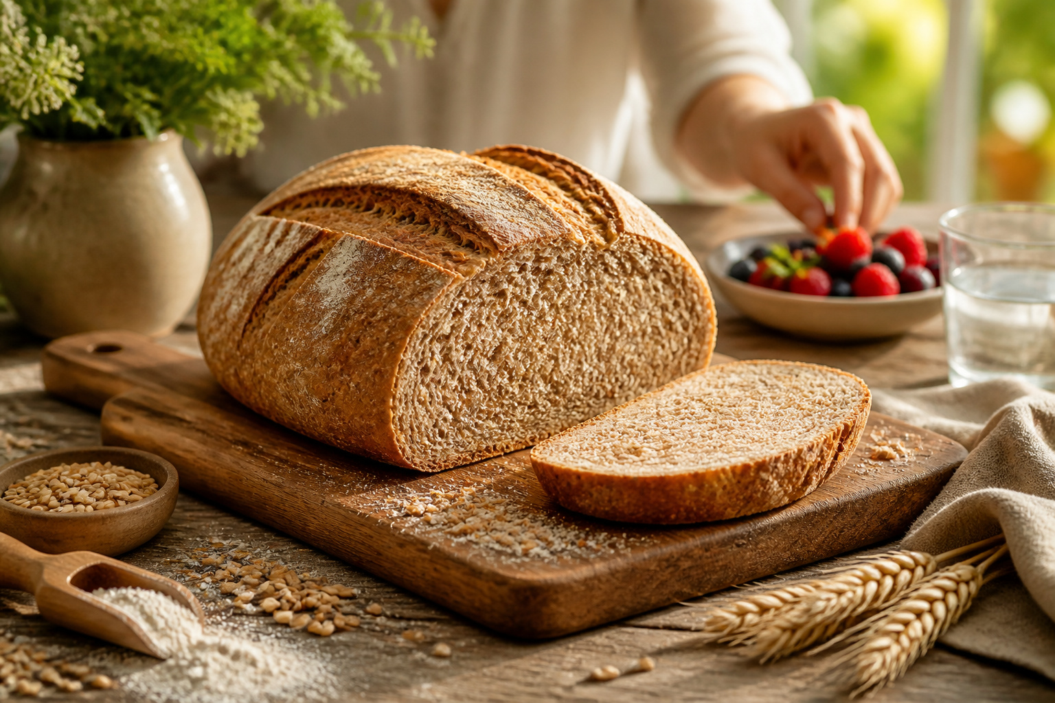 Pain complet rustique et ses accompagnements sains