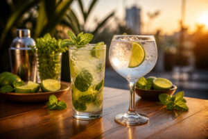 Cocktails rafraichissants au soleil couchant