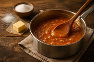 Caramel maison dore et bouillonnant