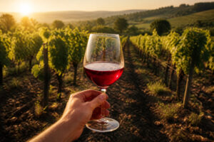 Vin rouge au coucher du soleil dans le vignoble